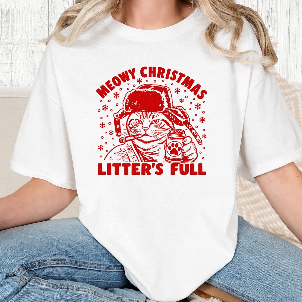 Comfort Colors Meowy Christmas Litter’s Full Vintage Washed Tee - White