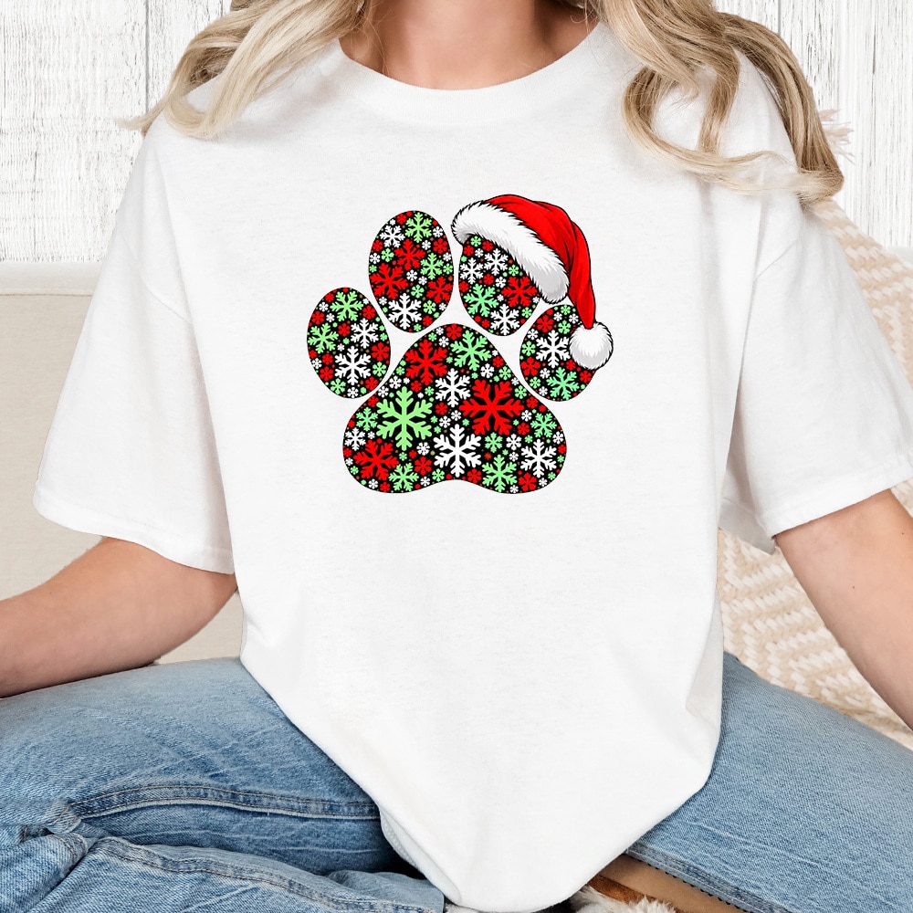 Comfort Colors Snowflake Christmas Paw Vintage Washed Tee - White