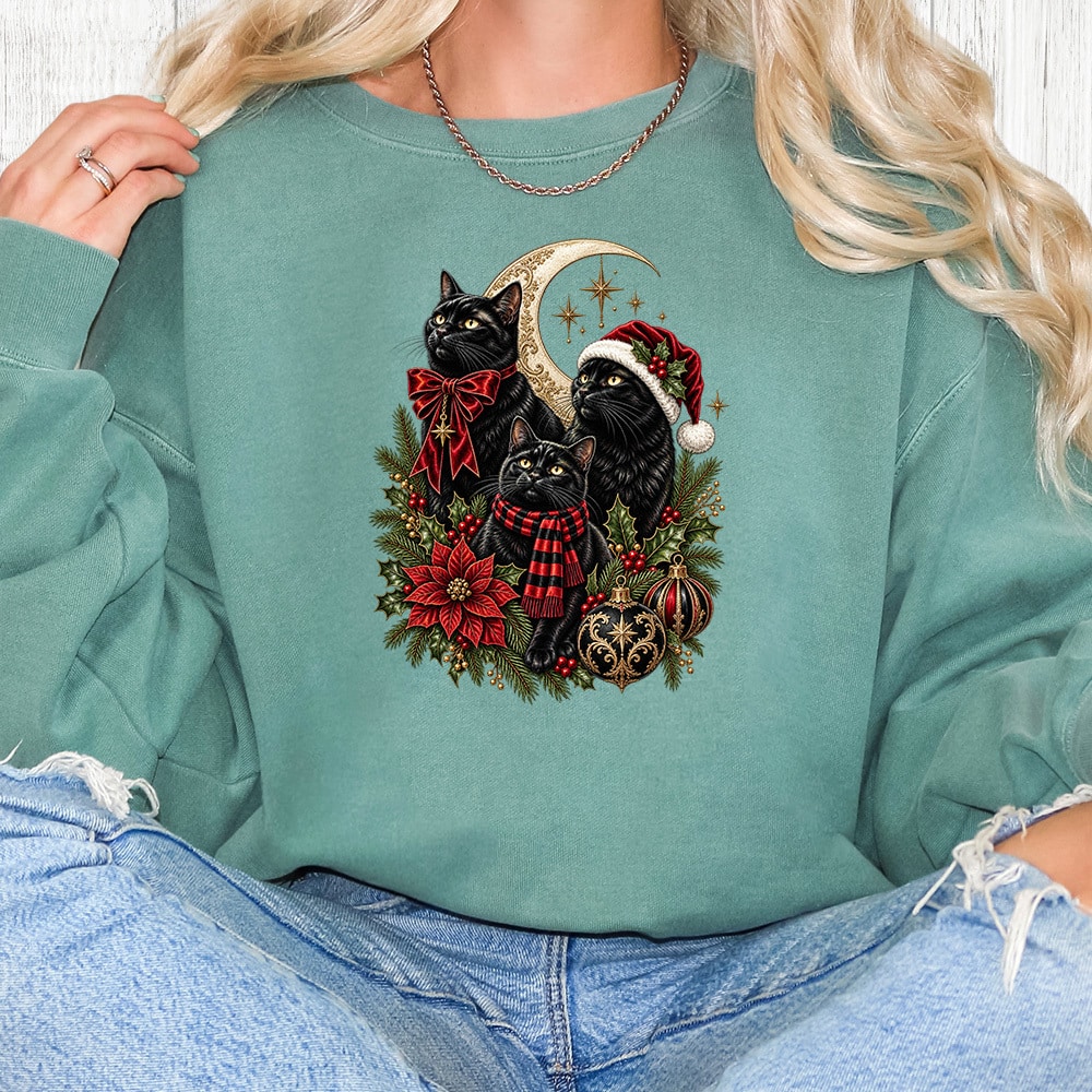 Comfort Colors Black Cat Christmas Premium Sweatshirt - Light Green