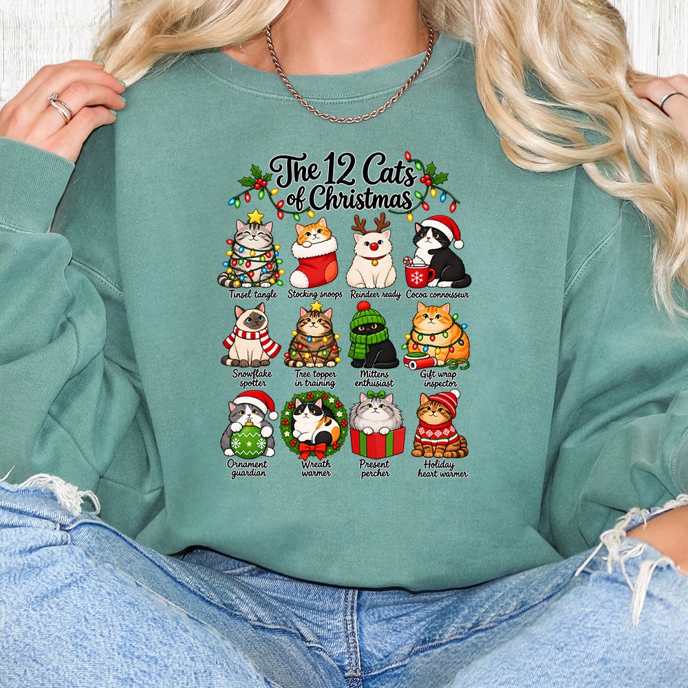 Comfort Colors 12 Cats Of Christmas Premium Sweatshirt - Light Green