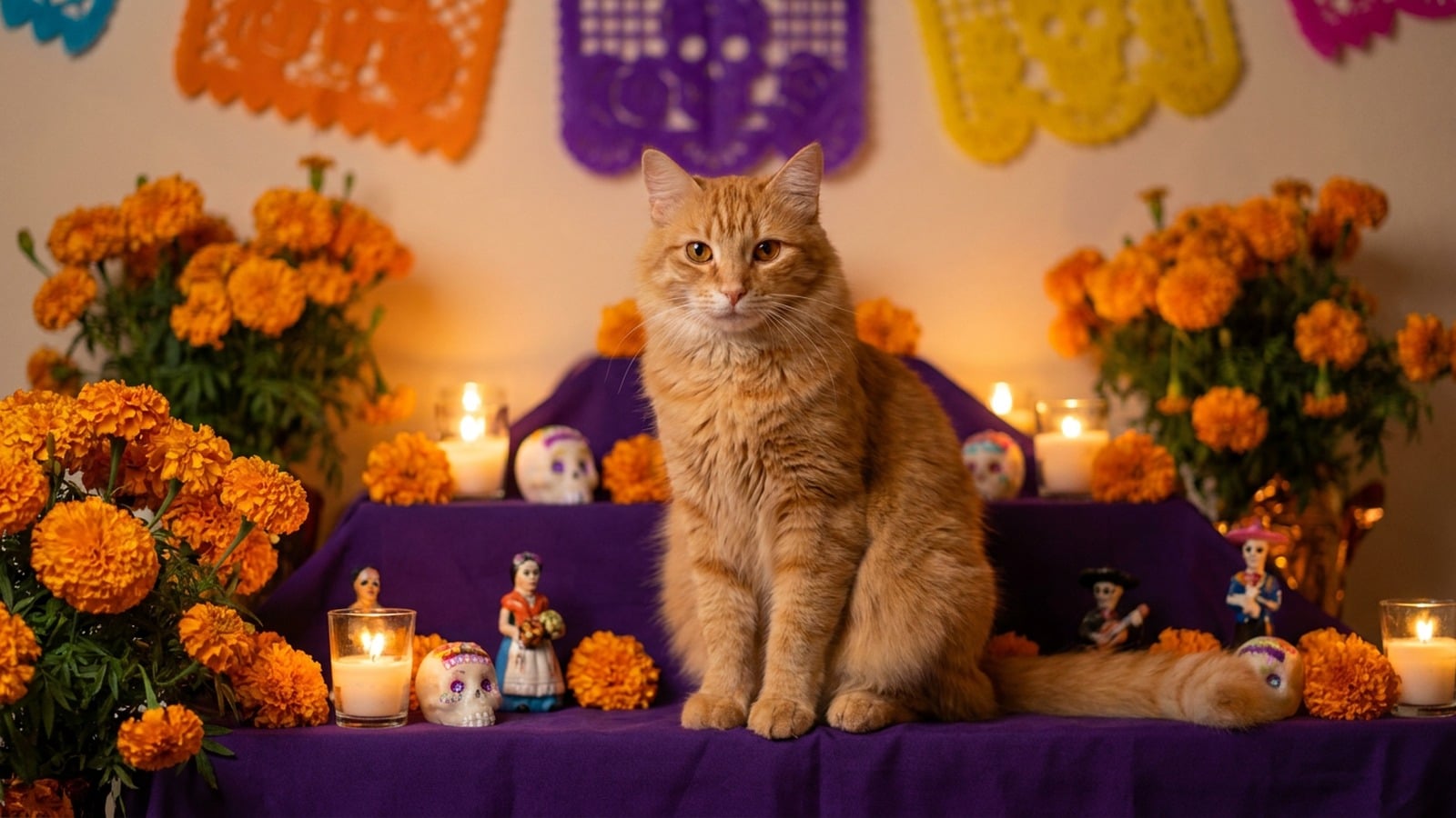Orange tabby cat sitting on a Día de Muertos ofrenda surrounded by marigold flowers and candles