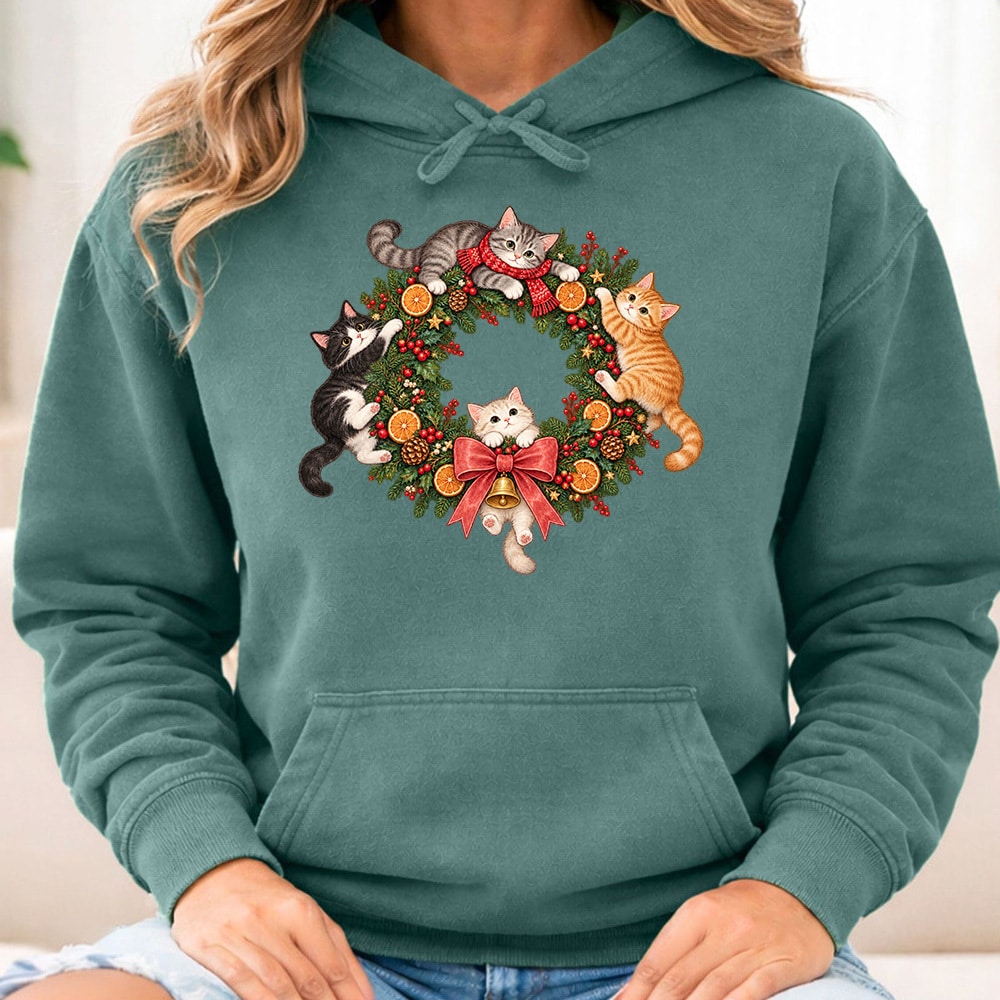 Comfort Colors Kitty Christmas Wreath Premium Hoodie Light Green