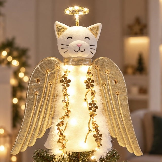 A Christmas Miracle Angel Cat Tree Topper with golden wings lighted garland and halo holiday decoration