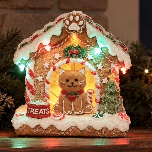 Christmas Gingerbread Cat House hand crafted resin lighted holiday decor