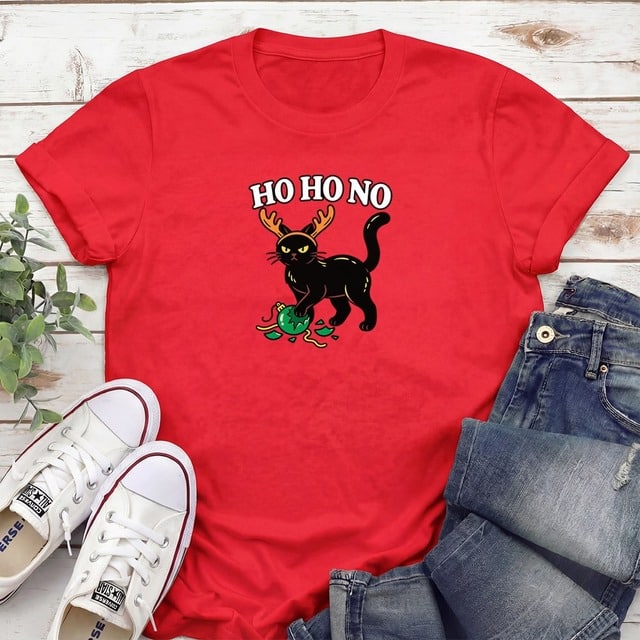 Ho Ho No Black Cat Standard Tee in Red festive holiday cat shirt