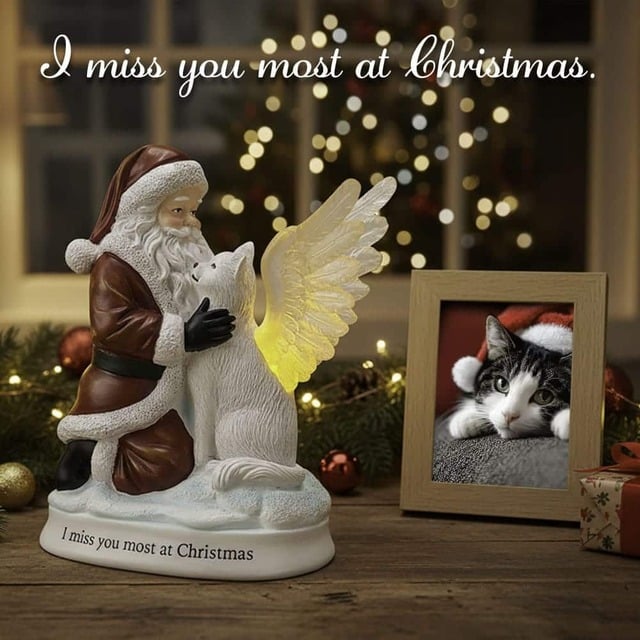 I Miss You Most at Christmas Santa Angel Cat lighted memorial figurine for grieving cat parents