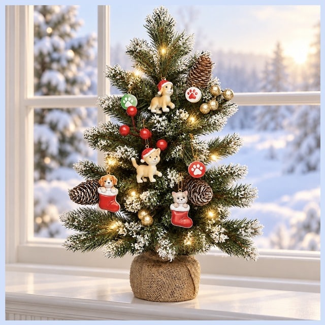 Festive Faux Mini Christmas Tree with Lights includes 7-piece pawdorable cat ornament set
