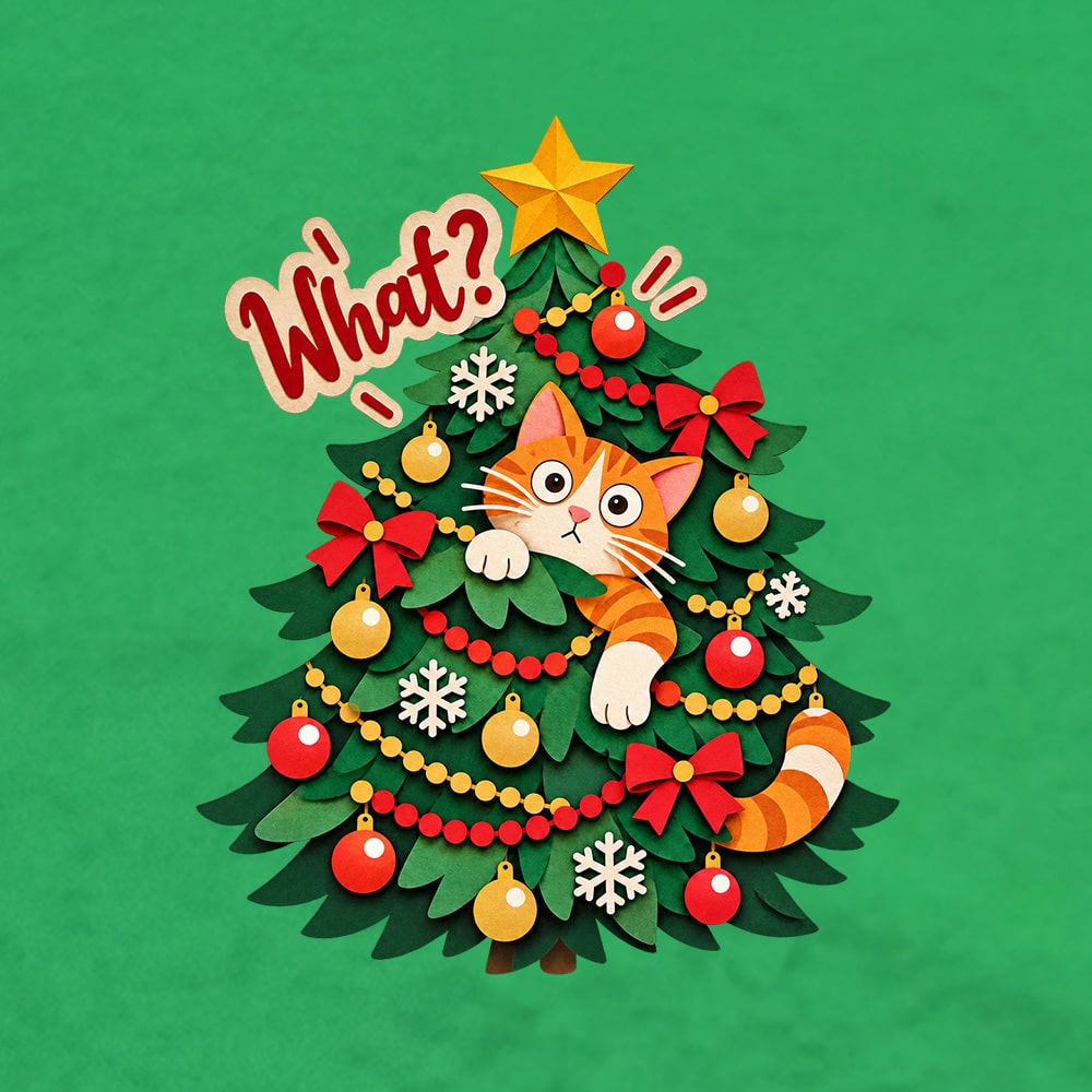 Naughty Kitty Christmas Tree Standard Tee Green - Image 2