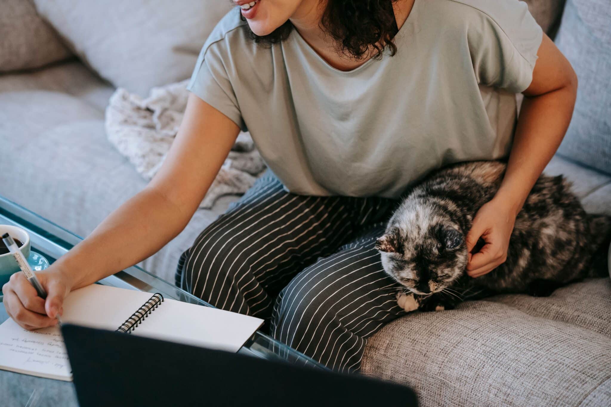 A gray cat sitting comfortably beside their person while they read a book on the couch.
