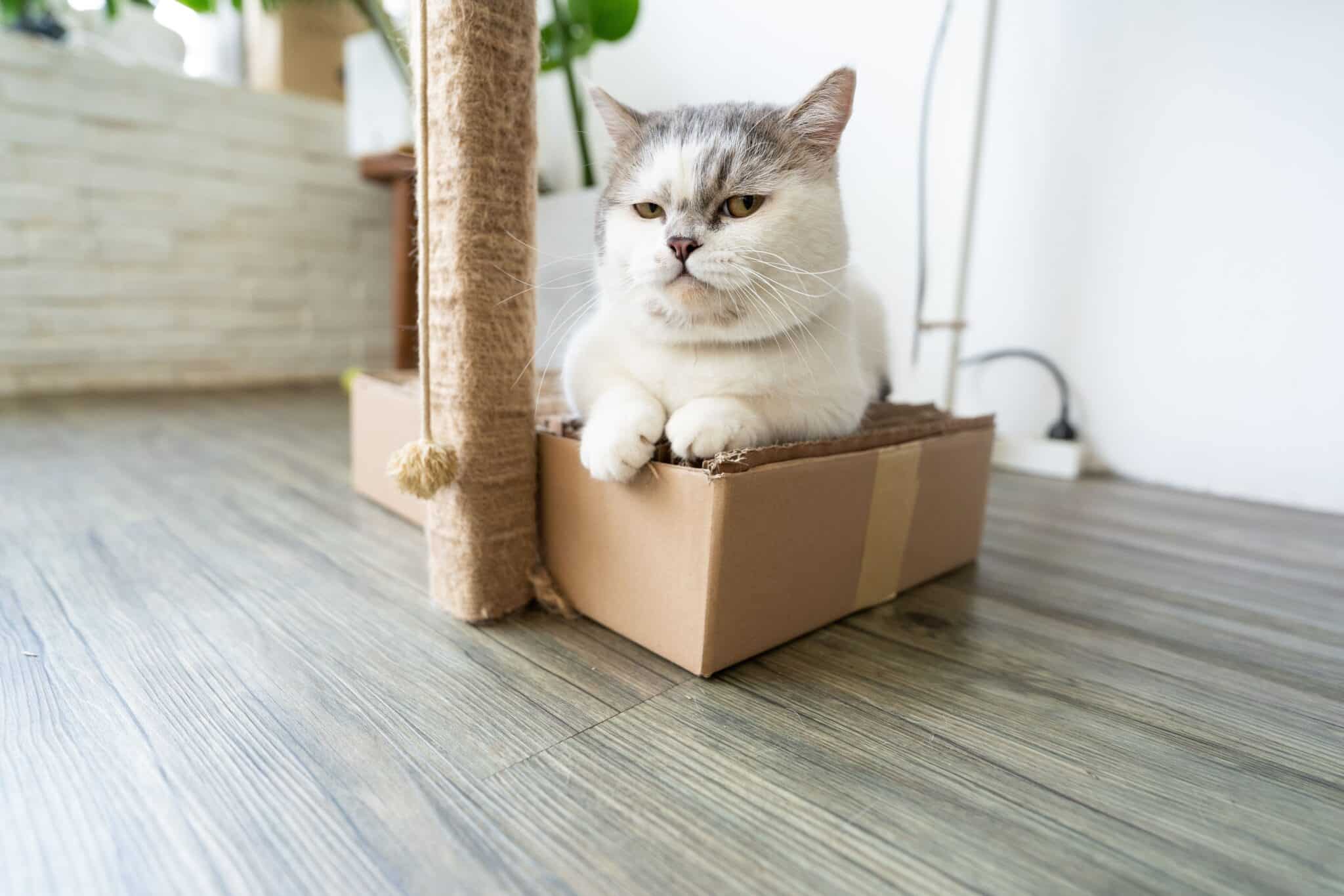 A curious cat peeking out of a cardboard box with its paws resting over the edge.