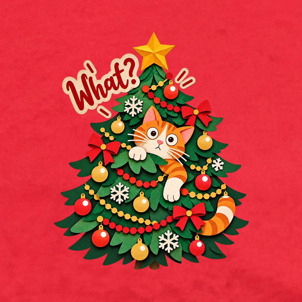 Naughty Kitty Christmas Tree Standard Tee Red - Image 2