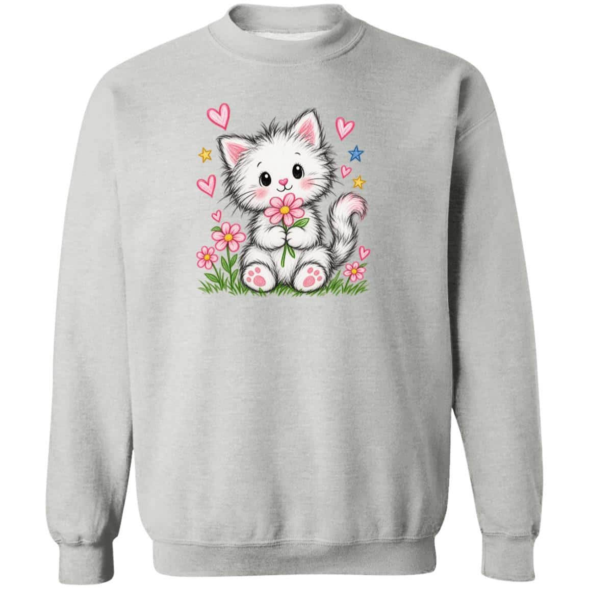 Playful Kitty Flowers Sweatshirt Heather Grey